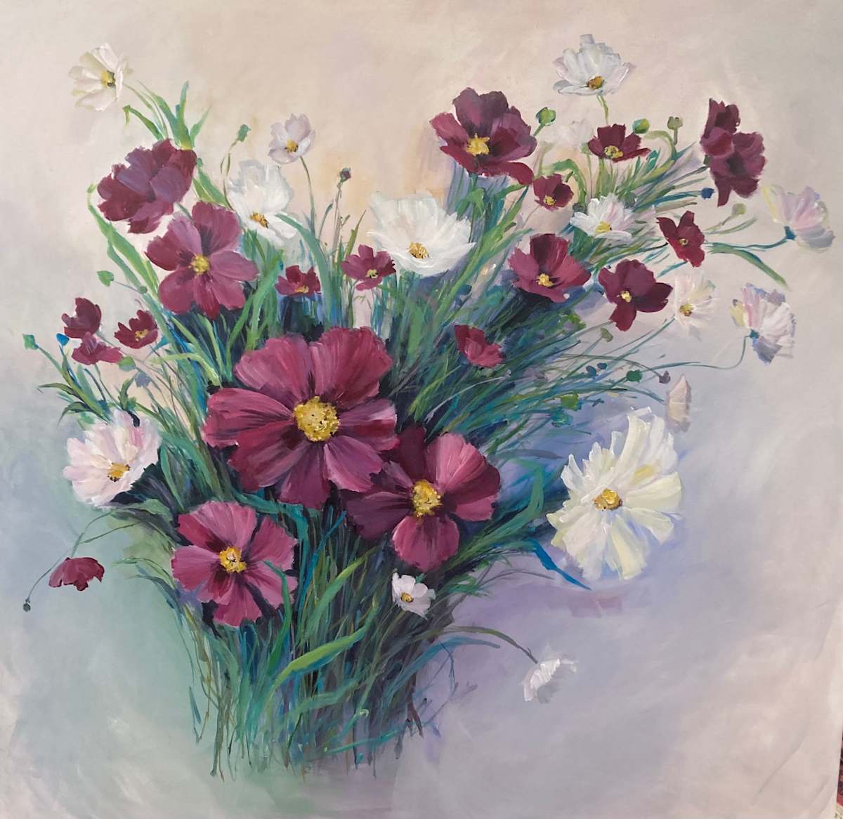The Last Market by Amy B. Carroll  Image: At the last farmer's market on Main Street I couldn't resist the cosmos flowers filling the buckets.   After gather my choices I whisked them right upstairs and started painting.  