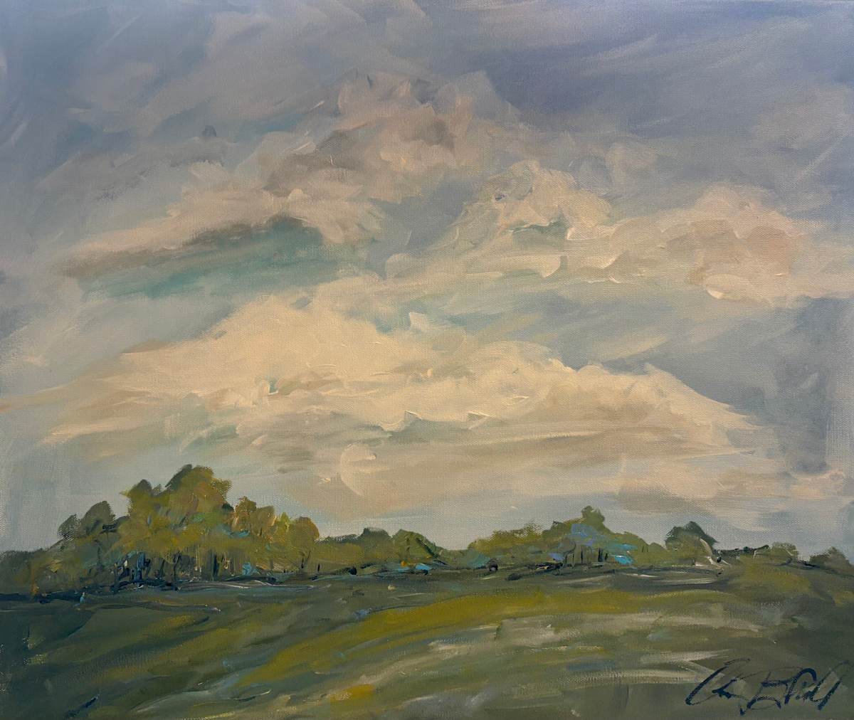 Where the Sky Opens by Amy B. Carroll  Image: Soft clouds drift across an endless sky, settling above a wide, quiet horizon.  Subtle greens and muted blues stretch out beneath the light, capturing the calm that arrives when land meets air in perfect balance.  This painting is a breath of spaciousness, an invitation to pause, look up, and rest in the gentle expanse of the day.   