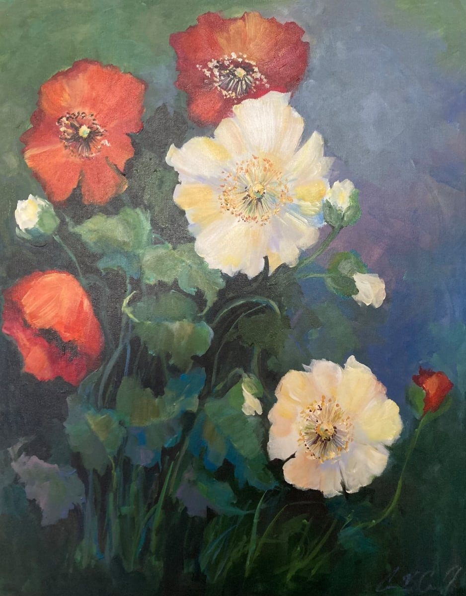 Blooms in Evening by Amy B. Carroll  Image: Checking on my flowers in the early evening when the colors seem to glow through the early darkness like lanterns.   