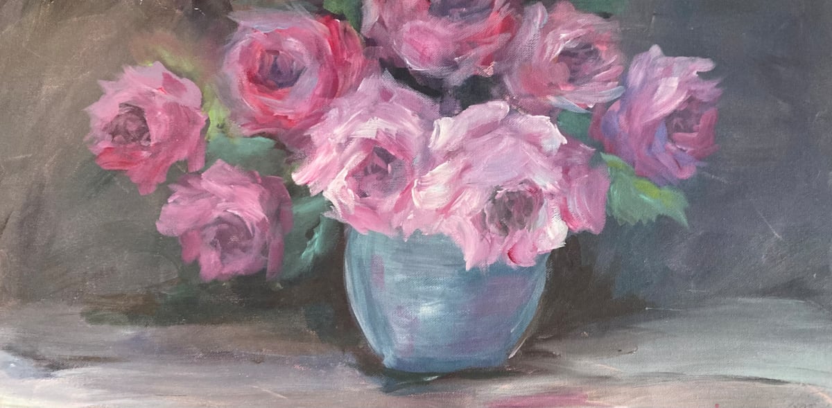 Roses in Blue Bowl by Amy B. Carroll 