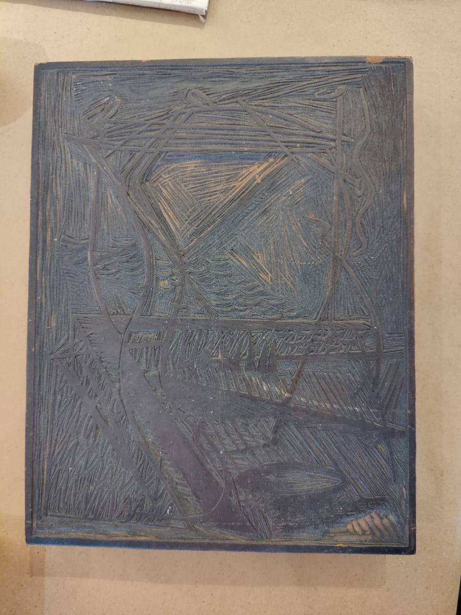 Tree and Strait Linocut Block by Esther Webster 