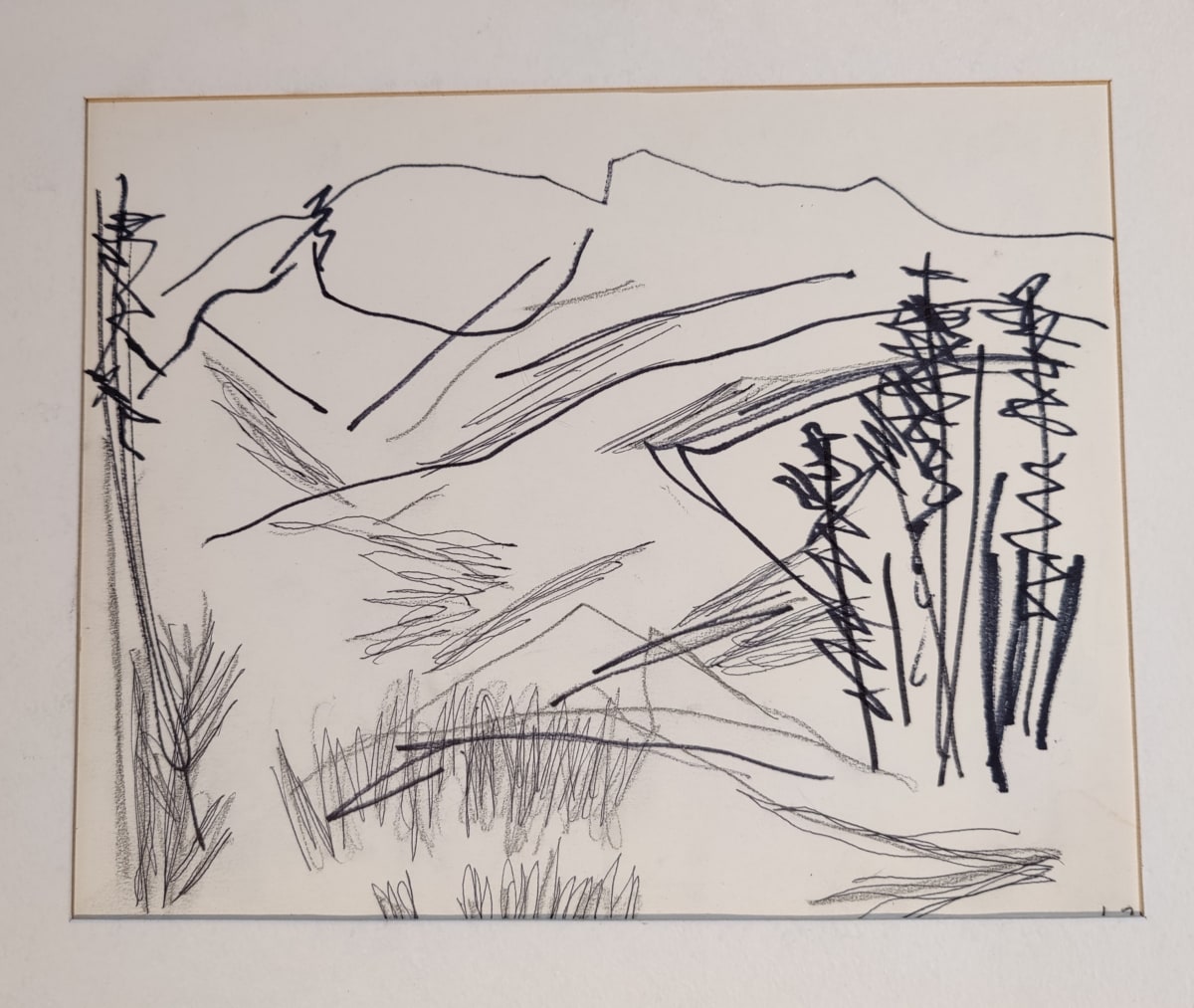 Untitled or unknown title, described as Black and white mountain with trees by Esther Webster 