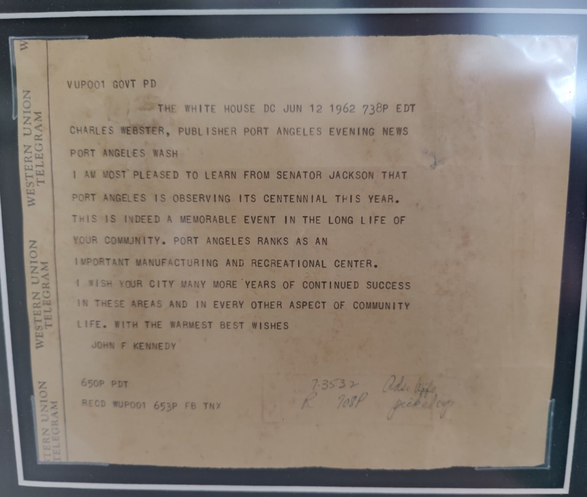 Telegram from President John F. Kennedy 