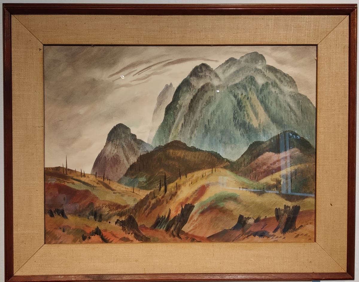 Untitled or Unknown Title, described as Green mountains with gray sky by Esther Webster 