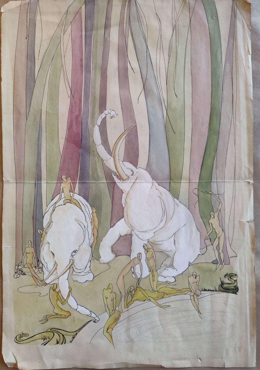 Untitled or Unknown Title, described as elephants and figures at a pond by Esther Webster 