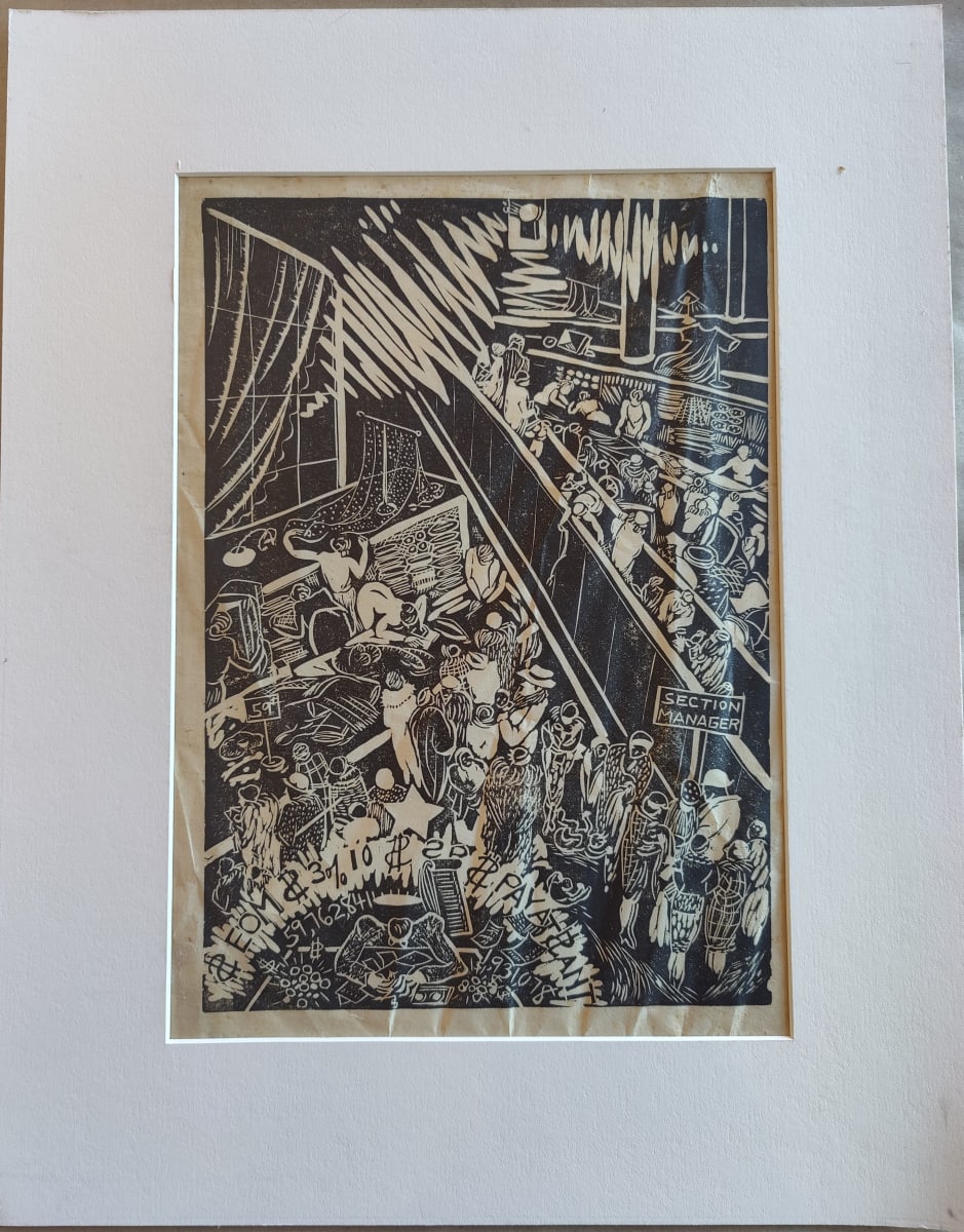 Untitled or Unknown Title, described as block print of a department store? Section Manager by Esther Webster 