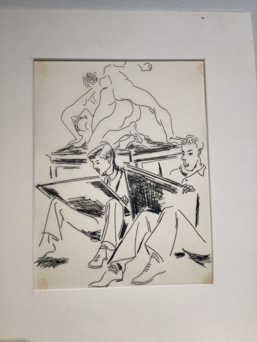 Untitled or unknown title, described as men sketching with a sculpture in the background by Esther Webster 