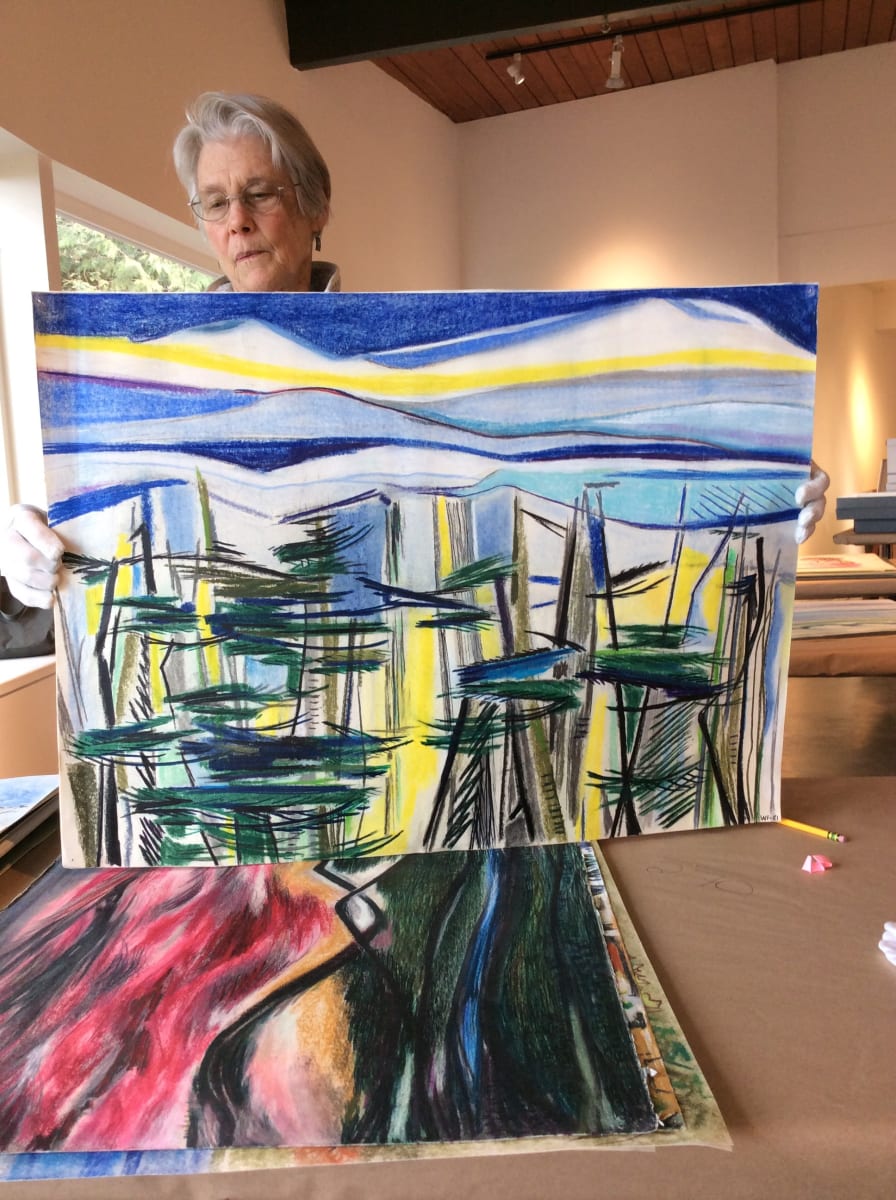 Trees with mountains, abstract by Esther Webster, Image 1.