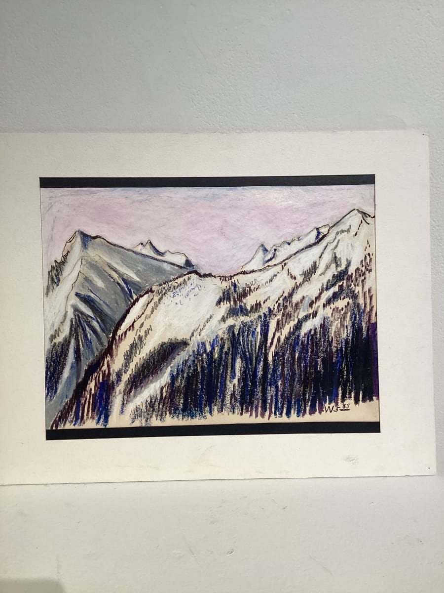 Blue trees, mountains purple sky by Esther Webster  Image: Olympic Mountains with snow