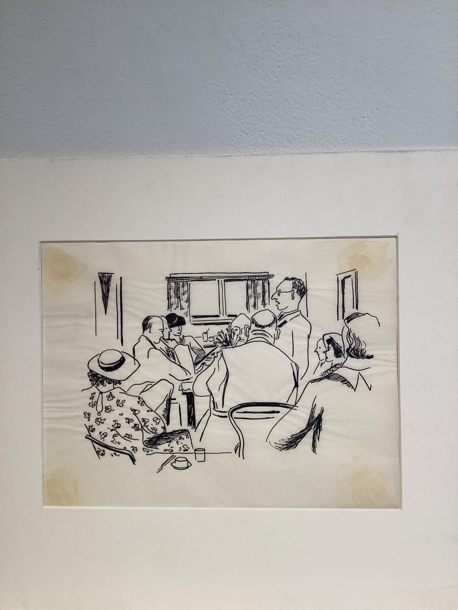 Untitled or unknown title, described as men and women sitting by Esther Webster  Image: Gathering with tea