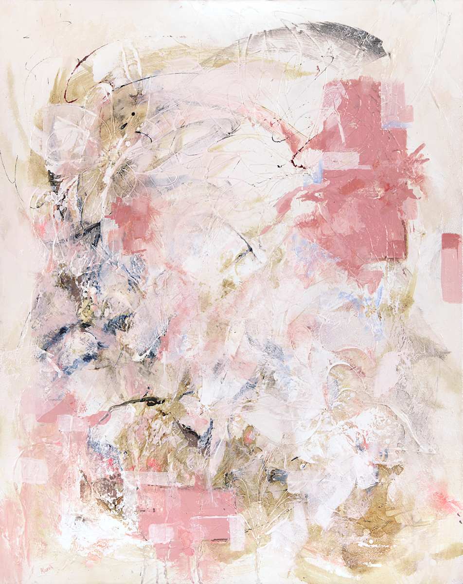 Hope Prevails by Cindy Kosek  Image: This highly textured piece speaks to looking within... invisible on first glance, the underlaying images are of flowers, seemingly arising out of the flurry of movement.