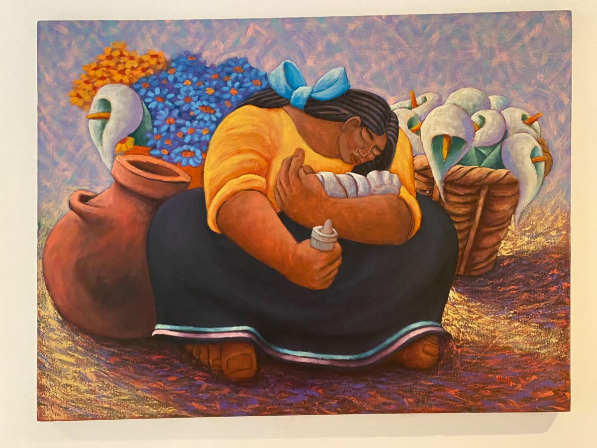 Mamacha con bebe by Willy Fernandez R.  Image: Front (Woman holding baby with lilies and flowers in background)