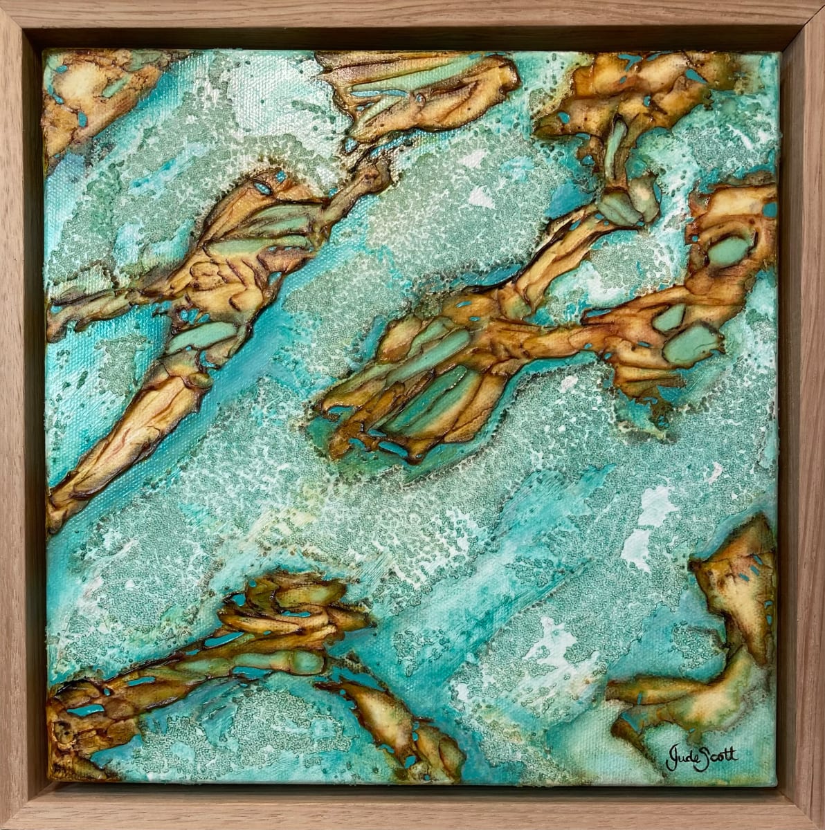 Rock Pools 2 by Jude Scott  Image: Emotional connection informs this intuitive textured abstract, created from childhood memories of playing in rock pools.  Stretched canvas in an Australian Victorian ash float frame.