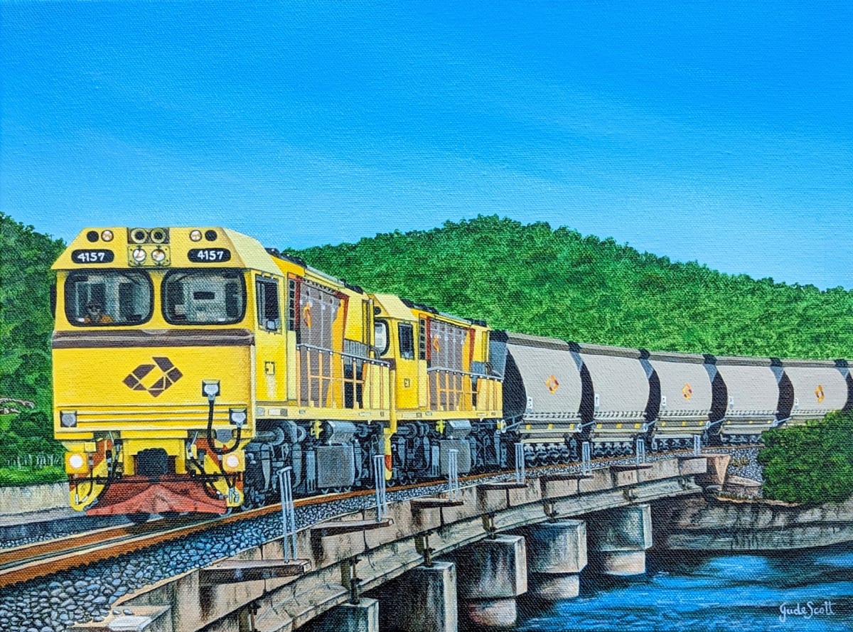 Commissioned Painting - 'Saltwater Creek Crossing, Kali to Abbot Point Section' by Jude Scott  Image: Corporate Commission - Aurizon (Australia) Depicting coal transportation by rail. Victorian ash float frame.