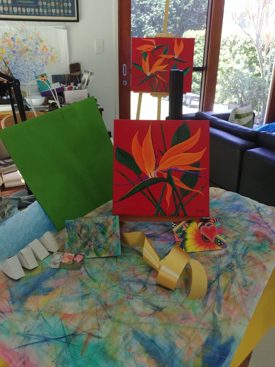 Commissioned Painting - 'A Colourful Bird' by Jude Scott  Image: A commission request after my client saw the traffic light box I did for Brisbane City Council. I had also done a painting called Warrior Birds for my personal collection and just one flower & some foliage was the brief for this commission. The client named the painting and it now resides in Northern Queensland.