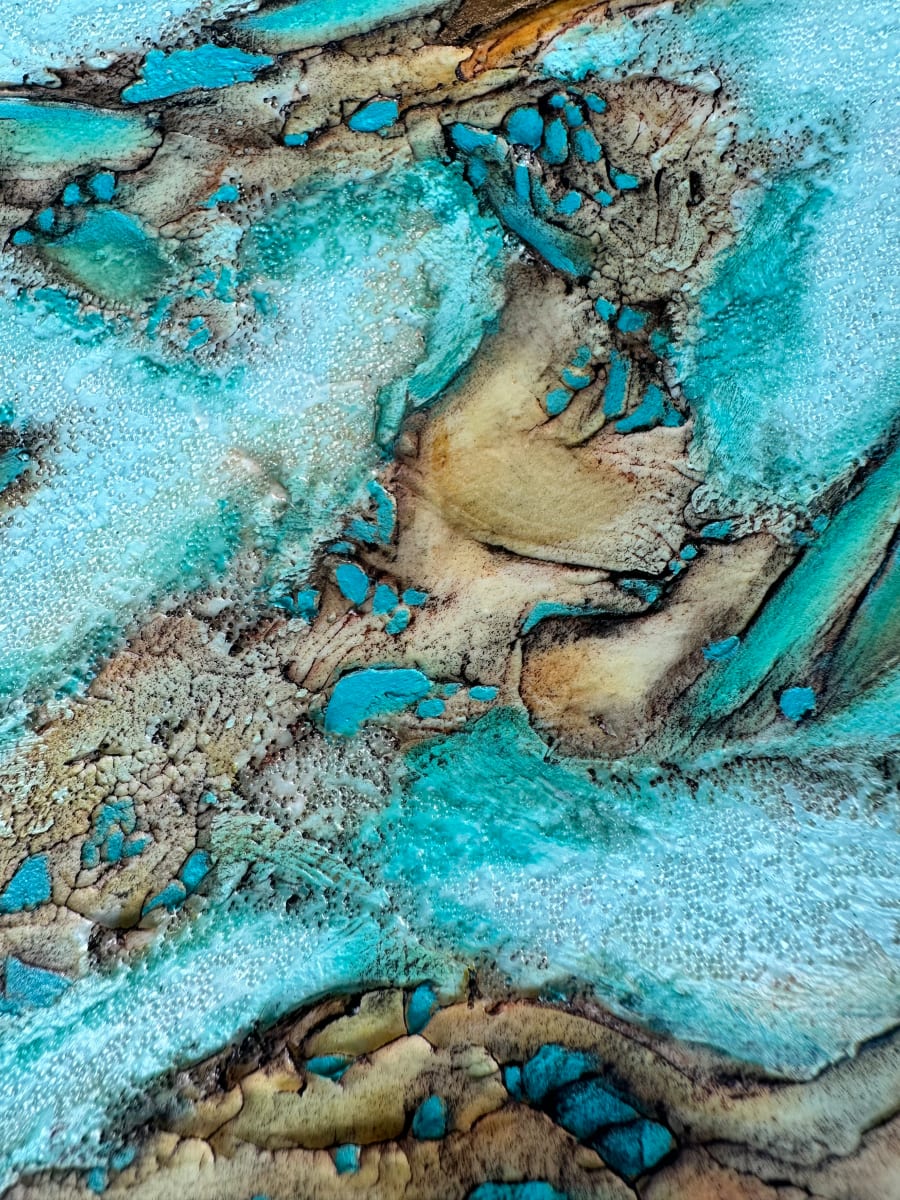 'Rock Pools 4 Closeup #1' - Fine Art  Giclée Print - A5 Size Open Edition $30 by Jude Scott  Image: Reproduction from an original abstract textural work inspired by our Australian coastal envirionments. I work intuitively using acrylics and mixed media with my pieces having the feeling of an aerial perspective.