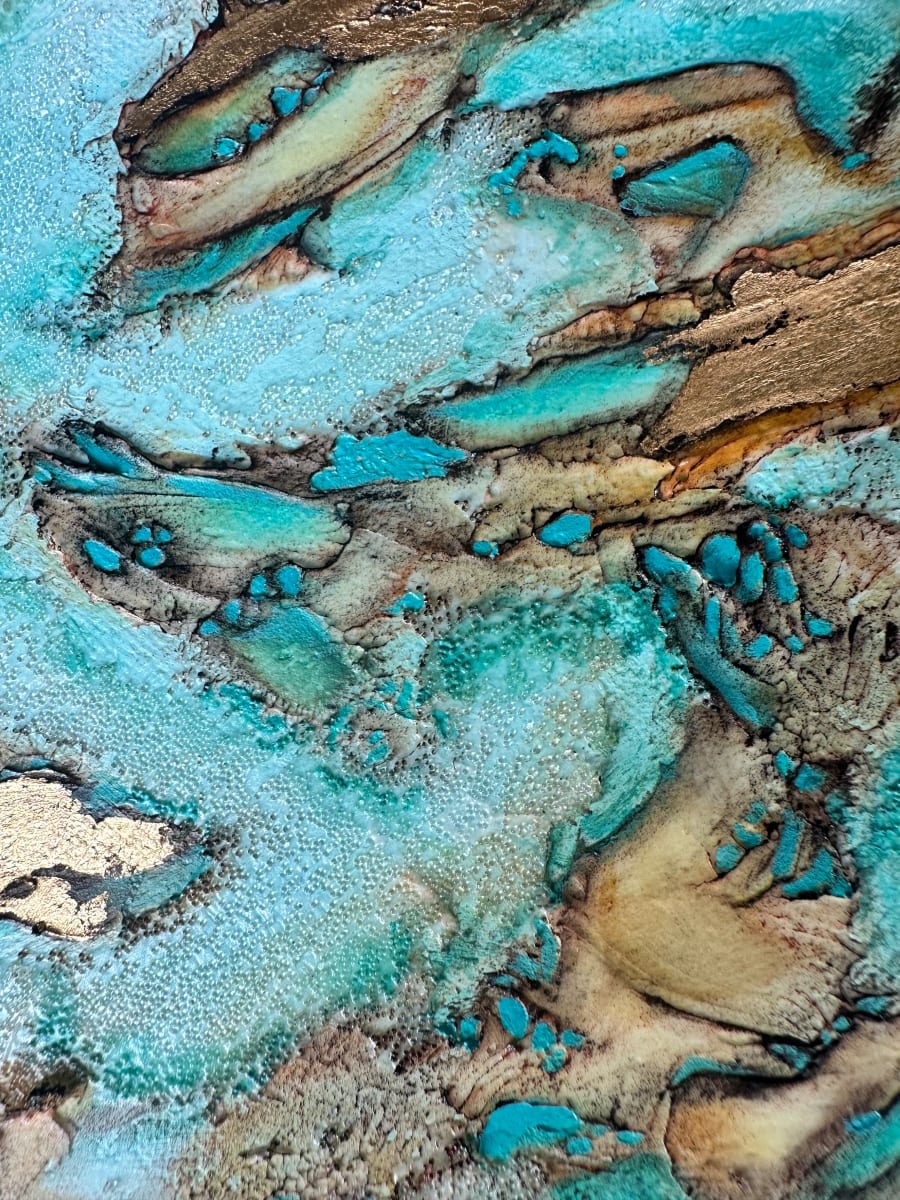 'Rock Pools 4 Closeup #2' -  Fine Art Giclée  Print - A5 size $30 by Jude Scott  Image: Reproduction from an original abstract textural work inspired by our Australian coastal envirionments. I work intuitively using acrylics and mixed media with my pieces having the feeling of aerial perspective.
