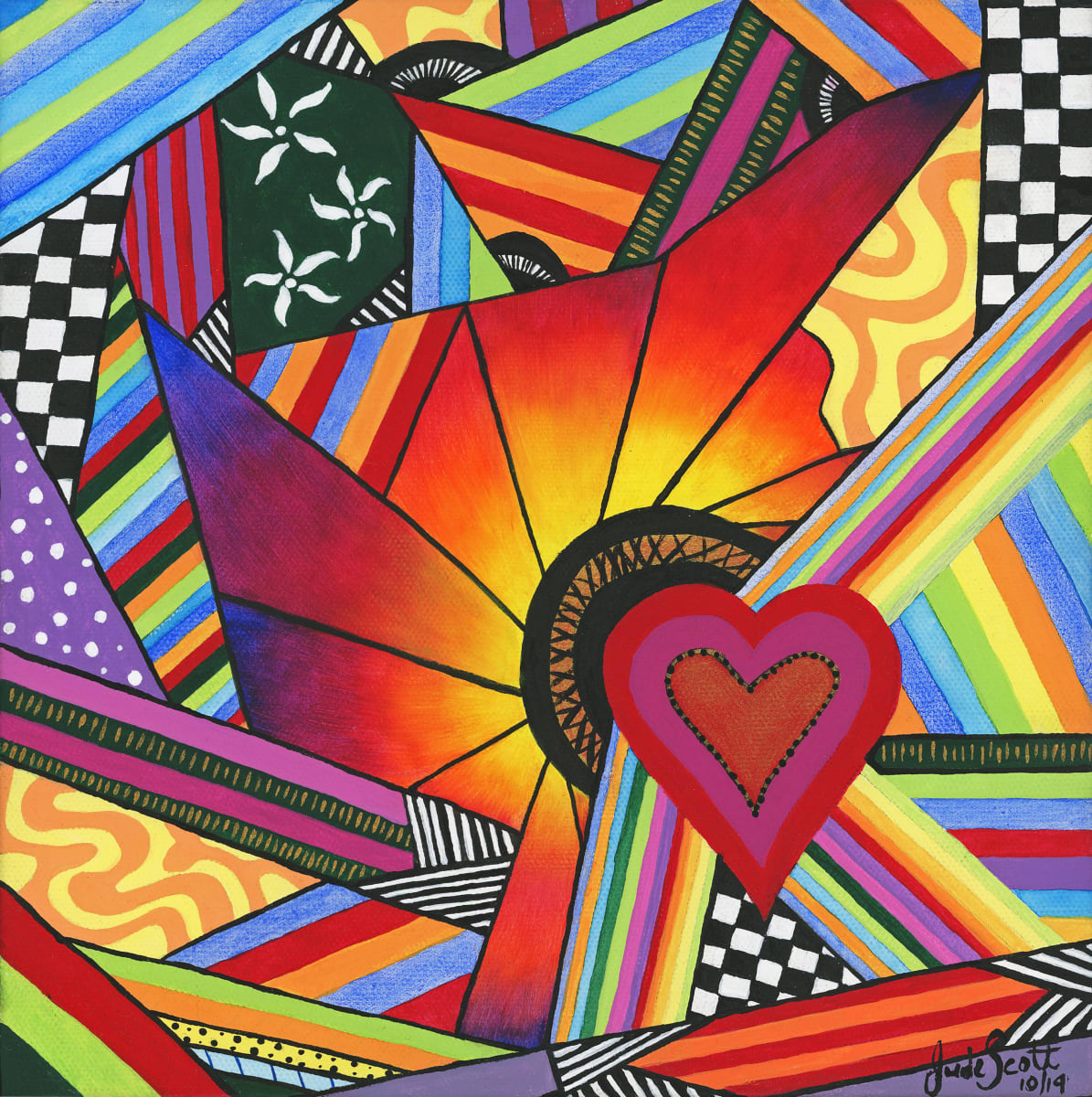 Organised Chaos 1 by Jude Scott  Image: Before creating this piece, I had thoughts of bright bold colours and patterns exploding in my brain like fireworks and the only way to make it stop was to get it onto the canvas. I enjoyed it so much I wanted to keep doing more in this style. The itch that had to be scratched haha. The first of three before I added the musical themes.