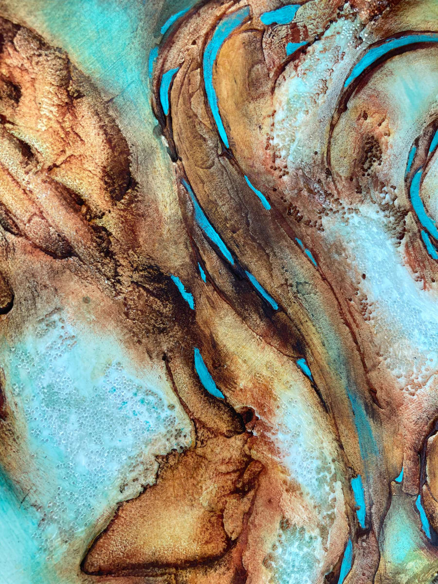 'Swirl Close Up' - Fine Art Giclée Print - A5 size  $30 - Open Edition by Jude Scott  Image: Reproduction from an original artwork created intuitively to capture sparkling turquoise waters, sandstone rock formations and rock pools in an abstract style.