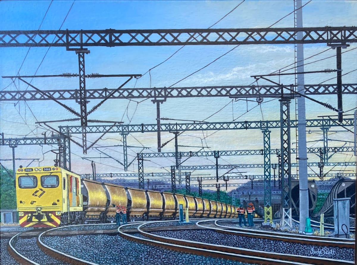Commissioned Painting - 'DP Electric Consist, Callemondah Yard' by Jude Scott  Image: Commissioned by Aurizon depicting DP Electric Consist ready to depart Callemondah Yard, for presentation to an employee. Painting created from an image supplied by Aurizon.