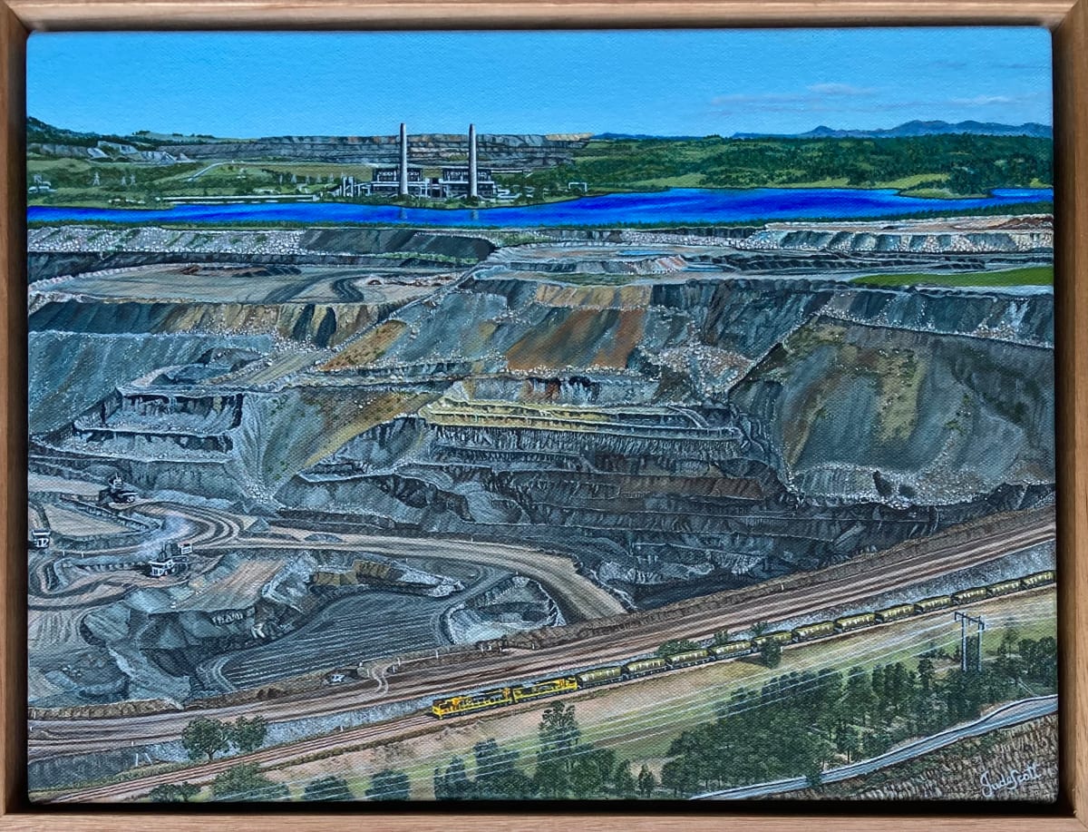 Commissioned Painting - 'Coal train at Lake Liddell NSW c.2012' by Jude Scott  Image: Acrylic painting commissioned by Aurizon.  Lake Liddell power station located in the Hunter Valley in NSW, was decommissioned in April 2023. The man made lake for use in cooling at the power station was forced to permanently close to the public in 2016 due to amoeba Naegleria fowleri  being detected in the water. The single-celled organism can cause severe brain infection if water containing the amoeba enters the nose while swimming. Heavy metals were also found to be present.  