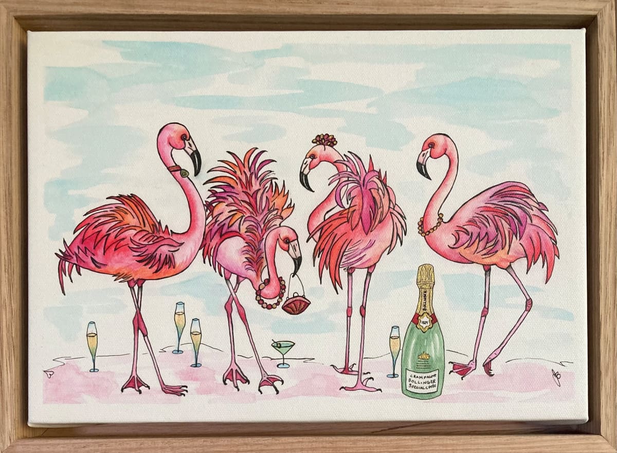 'Pink Parade' Canvas Print by Jude Scott  Image: Original painting created with water colour, black ink pen & gold acrylic paint highlights on the champagne bottle & accessories.