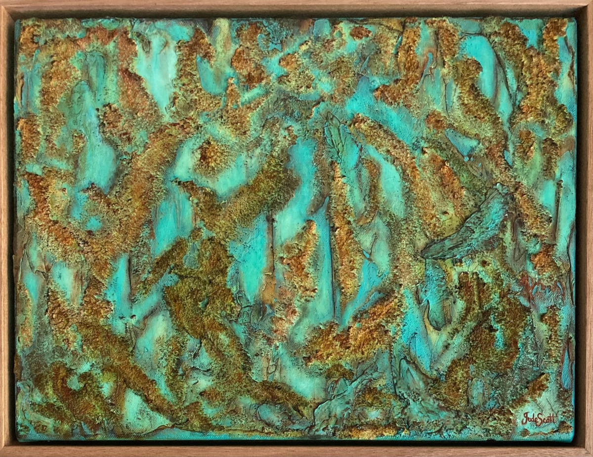 Pumice by Jude Scott  Image: A decorative textured abstract using predominately pumice gel and acrylic paints to create a coastal feel. I love the contrast of turquoisey green/blues against the sandstone colours of Raw Sienna, Burnt Umber & Burnt Sienna.