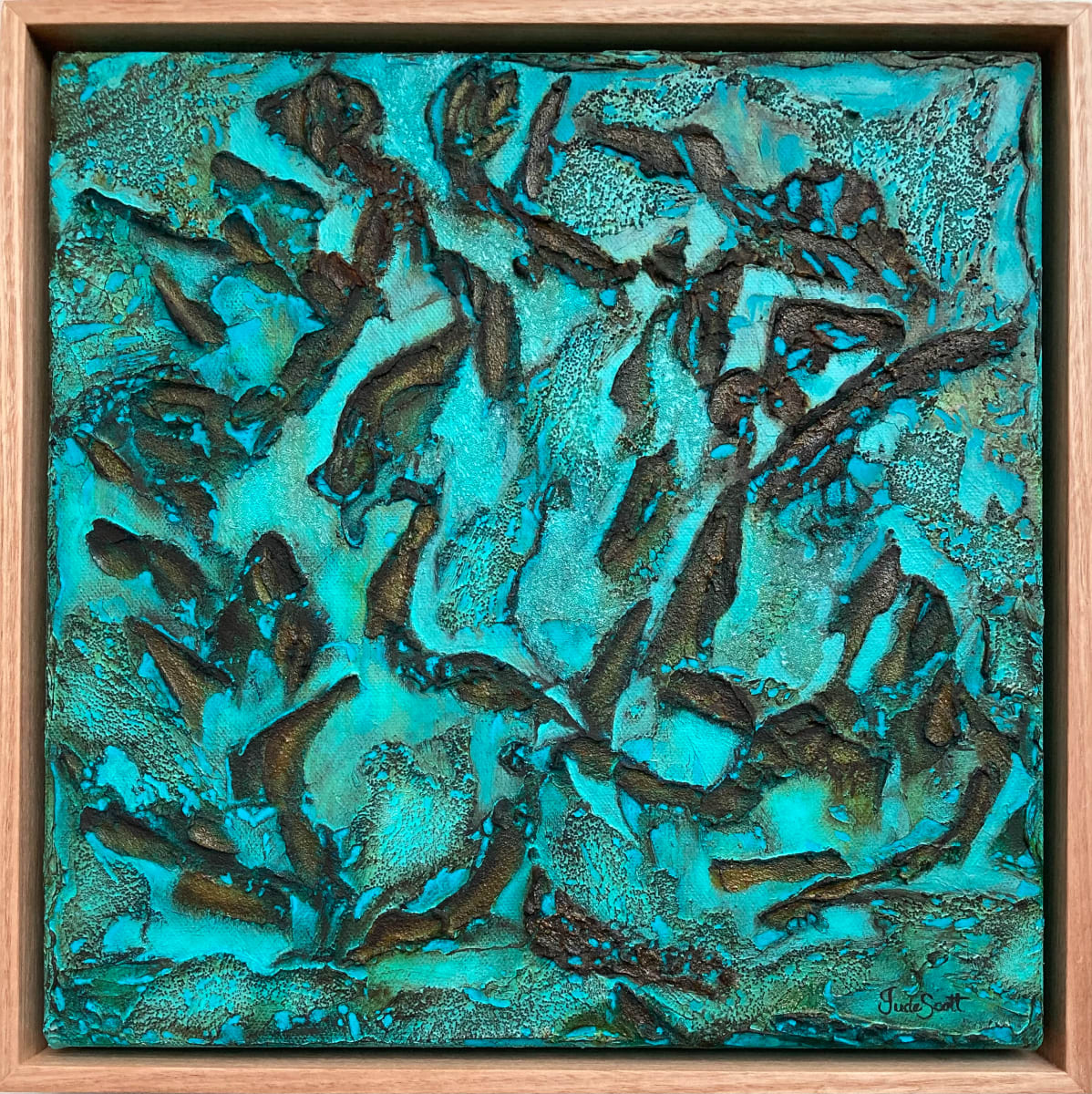 Opal by Jude Scott  Image:  I always gravitate to coastal colours of turquoise, aqua & blues of the water & browns, reds, tans & even white to grey found in sandstone rocks around beaches.  When I finished this piece it reminded me of the colours seen in opals so the title was easy....'Opal'. 
