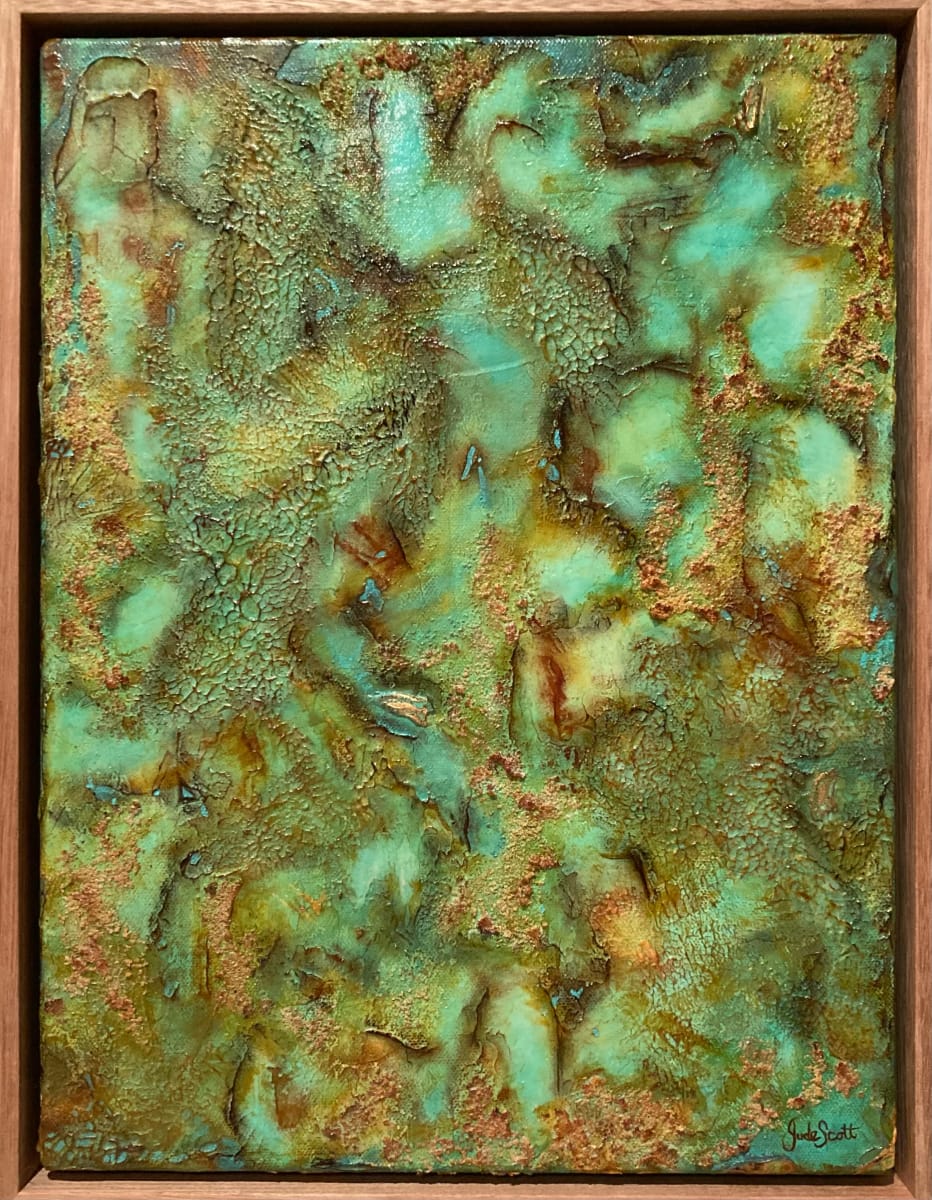 Aqua Green  & Gold by Jude Scott  Image: Coastal environments of sea, sand & rock formations inspired this abstract artwork. I love working with these colours & creating texture with mixed media.