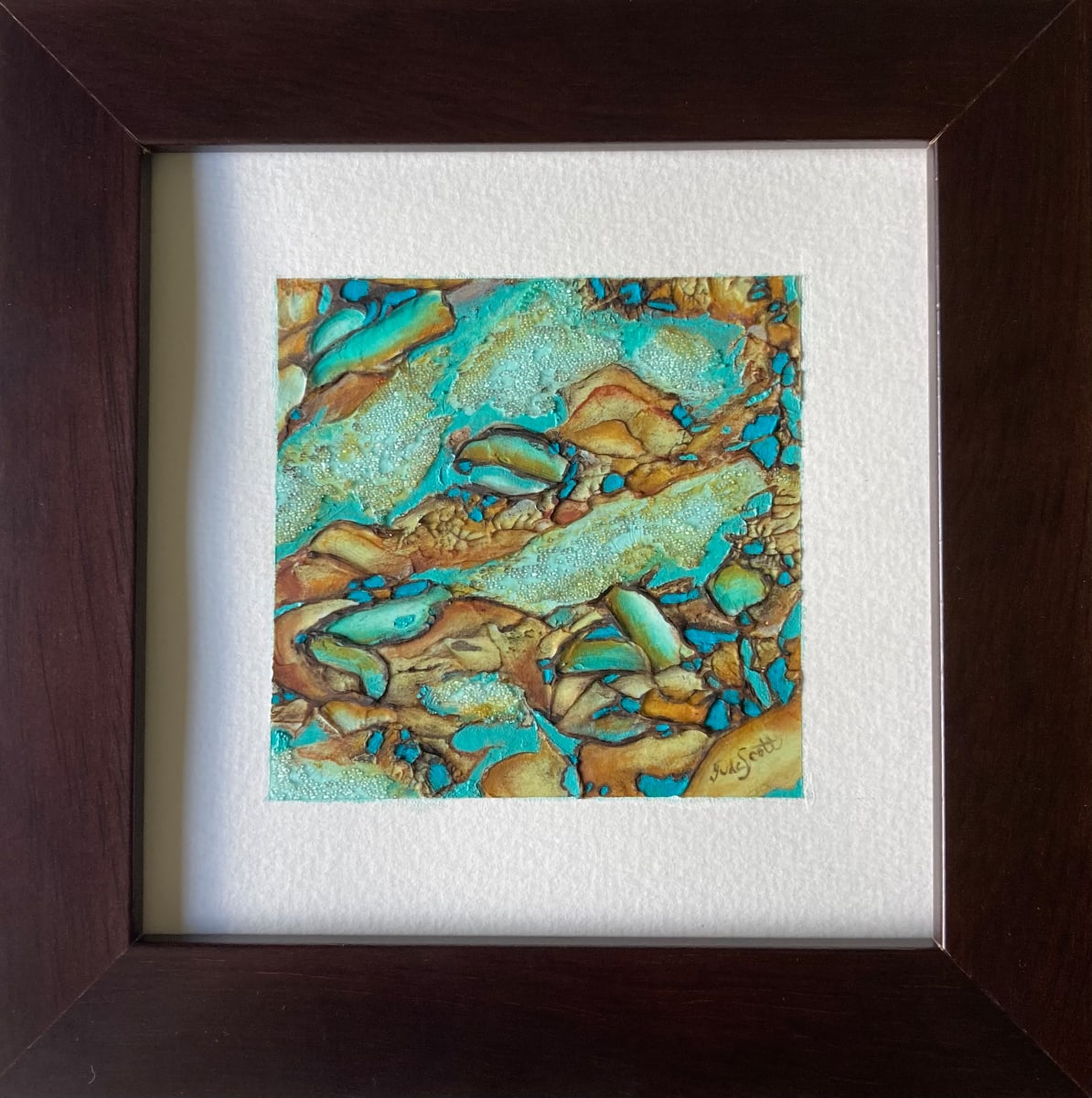 Rock Pools Mini by Jude Scott  Image:  My abstract, mixed media artworks are inspired by the sparkling turquoise waters and sedimentary rock structures along the coastline where rock pools form.  Multiple layers of  texture  and acrylic paints are used to create the effect I'm looking for. 