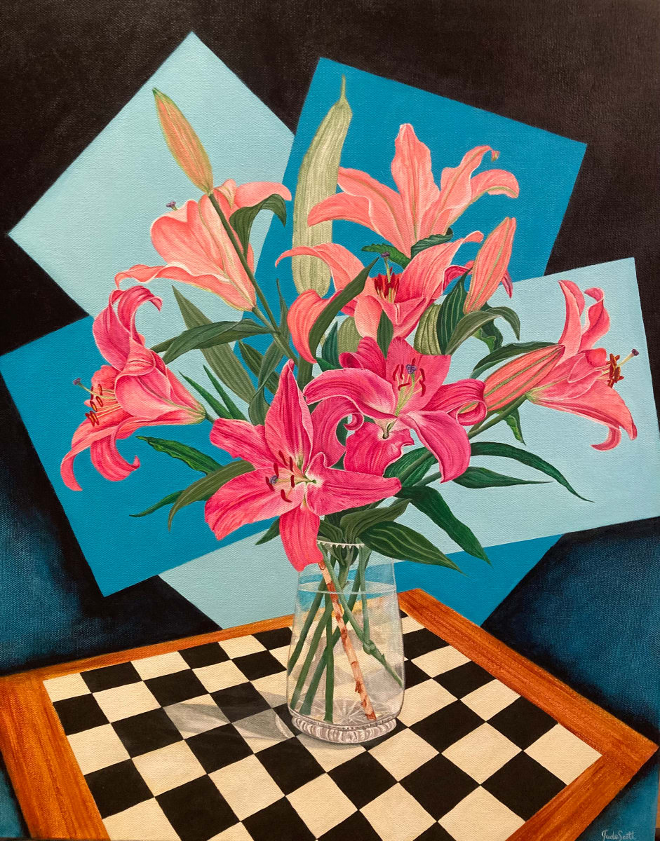 Pink Lilies by Jude Scott  Image: Who doesn’t love a beautiful bunch of flowers gifted to them? I received these gorgeous pink lilies in a bouquet for my birthday, displaying them on our wooden chess table. For me, flowers evoke a sense of serenity and I really enjoy painting subject matter that I emotionally connect to. I was very inspired to paint them, gifting me multiple layers of appreciation.  It’s my aim to relay to the viewer a shared experience in the beauty of flowers and to awaken positive emotions of gratitude, love, friendship and memories.