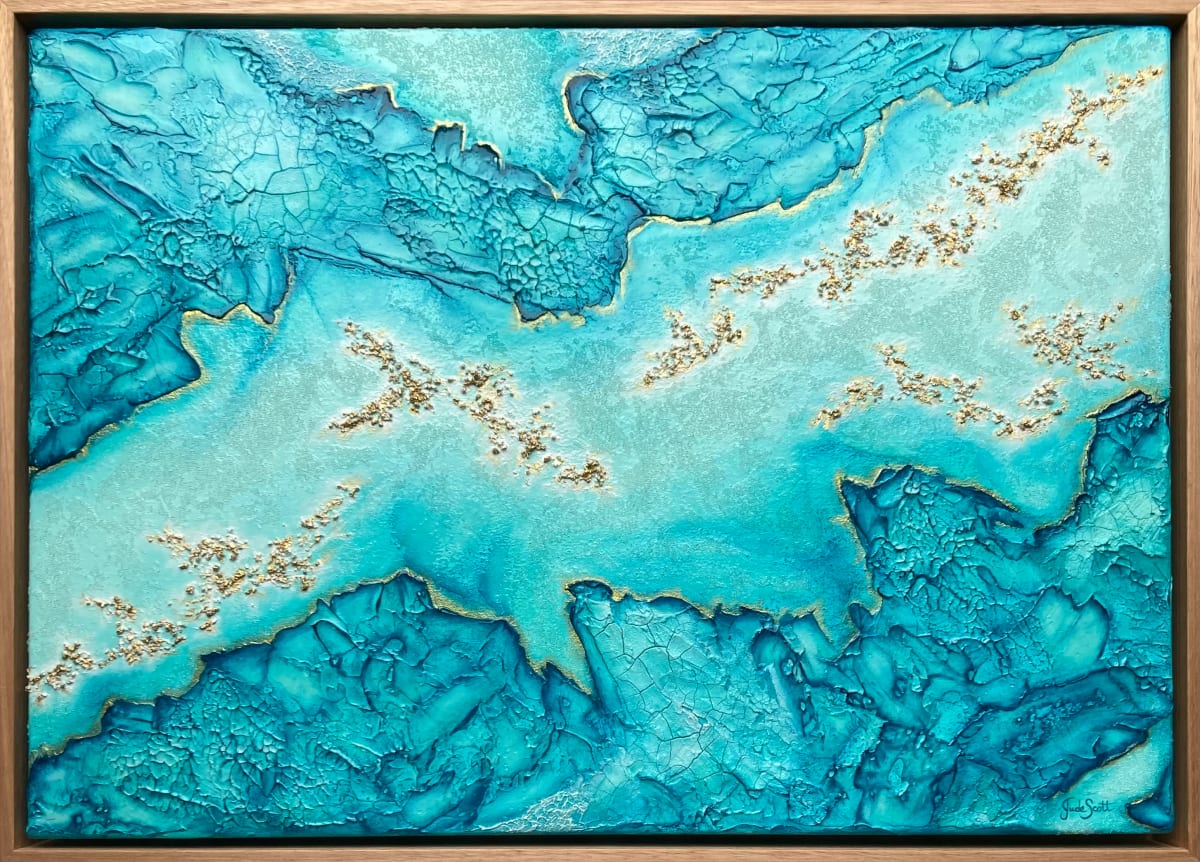 Commissioned Mixed Media Painting - 'Coastal Shimmer' by Jude Scott  Image:  Abstract textural work inspired by Australian coastal envirionments. My creative process is intuitive, using acrylics and mixed media to offer a fresh viewpoint that invites viewers to experience coastal environments in a new light. With a bird's-eye view perception of my pieces, my aim is to capture the essence of these dynamic environments where land meets sea, in my own artistic language.