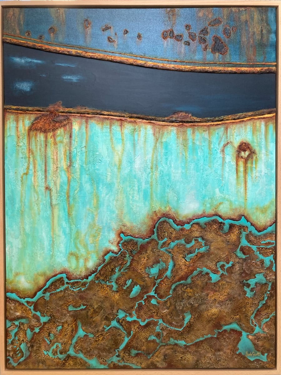 Rusty Hull 2 by Jude Scott  Image: I came across an abandoned derelict boat I found full of character, fuelling my creativity. Colours of the rusting patina, cracked paint & textures of the decay was beautiful, compelling me to recreate them in an abstracted painting. Working intuitively using collage, texture mediums and acrylic paint, the top two thirds of the painting represent my interpretation of the boats hull, with the lower half an imagined archipelago of inlets and sea passages the old boat may have journeyed. However, I leave the interpretation totally up to the viewer.