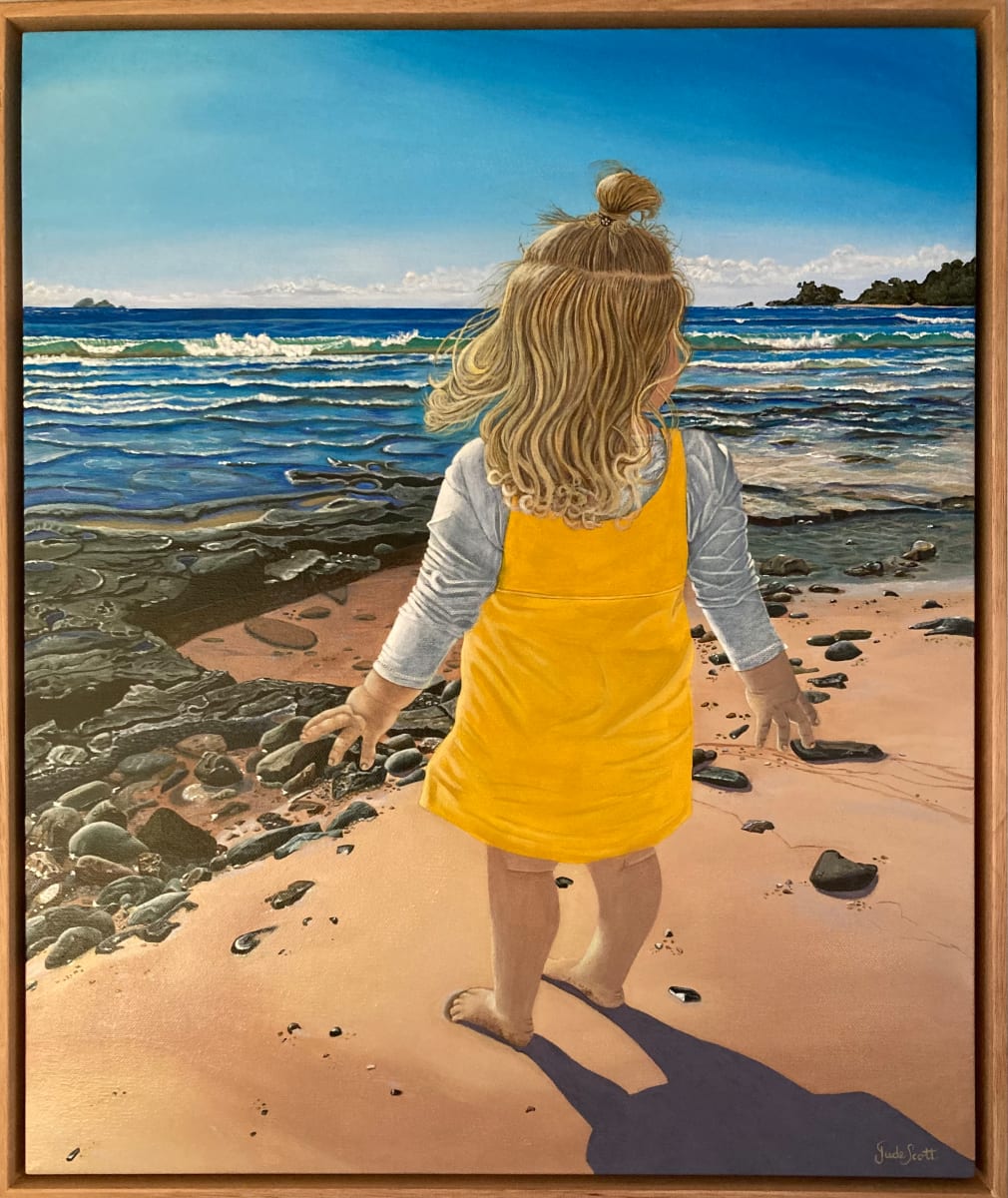 Looking for Dolphins by Jude Scott  Image: I grew up near the beach and always feel very connected in this environment. During a beach walk, I snapped a photo of my great niece and with permission, recreated this painting. Using acrylic on canvas, it depicts a little girl interrupting her sand play with hopeful expectation of seeing dolphins, hand poised in anticipation as she gazes out over the waves. The magic & excitement of seeing dolphins captures our hearts & imagination no matter what age. 