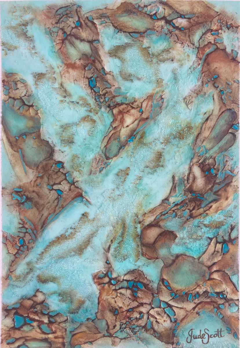 Rock Pools 10 by Jude Scott  Image: A minium of ten layers goes into creating my abstracted, imagined aerial views of rock pools,  and rock formations along the  sea shore.  My aim is to share my feelings of calmness & serenity while  creating these pieces, bringing the viewer to this space within themselves .