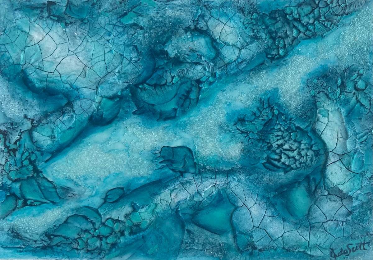 Coastal Flavours by Jude Scott  Image: Textures, shapes and colours of coastal environments really influence my art. In this artwork I used a limited colour palette of turquoise, aqua & indigo along with various texture mediums to create my abstracted interpretation of land and sea from an aerial perspective .   $100 plus postage.