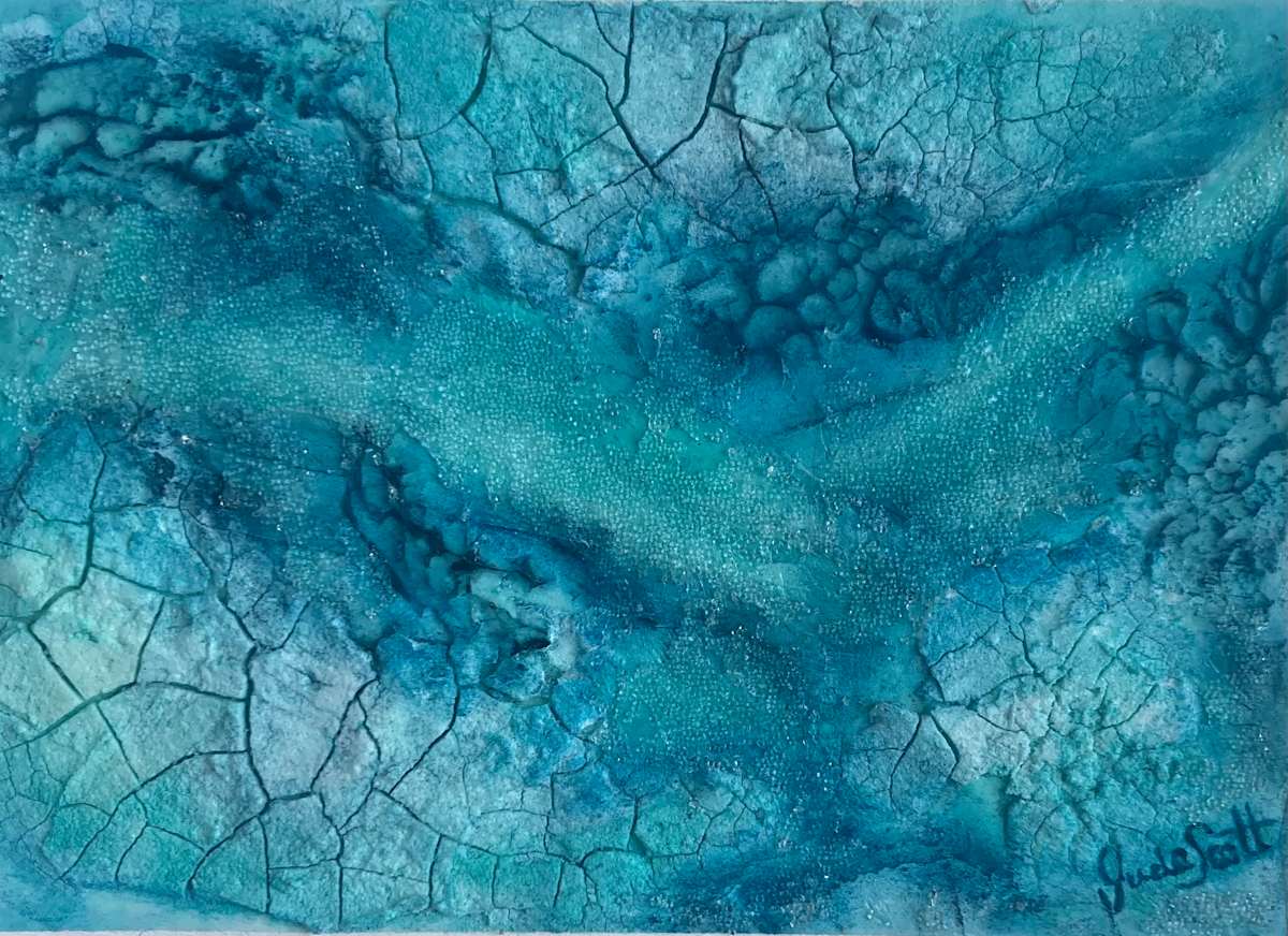 Turquoise Shores Petite by Jude Scott  Image: Colours, textures and shapes of coastal environments really inspire my artwork creations. In this piece, I used a limited colour palette of different shades of turquoise, aqua and indigo to accentuate my abstracted interpretation of land and sea from an aerial perspective. 