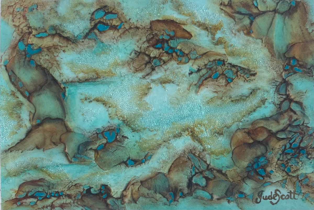 Rock Pools Petite by Jude Scott  Image: My textured, abstracted and imagined aerial views of rock pools and rock formations along the sea shore have a minium of ten layers going into the creation. Through my art, I aim to share my feelings of calmness & serenity while creating these pieces, and bring the viewer to this space within themselves .