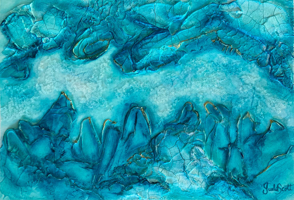Shimmer by Jude Scott  Image:  A mixture of turquoise hues with shimmering gold highlights and reflective glass beads create an imagined,  highly textured coastal scene with an abstracted slant.