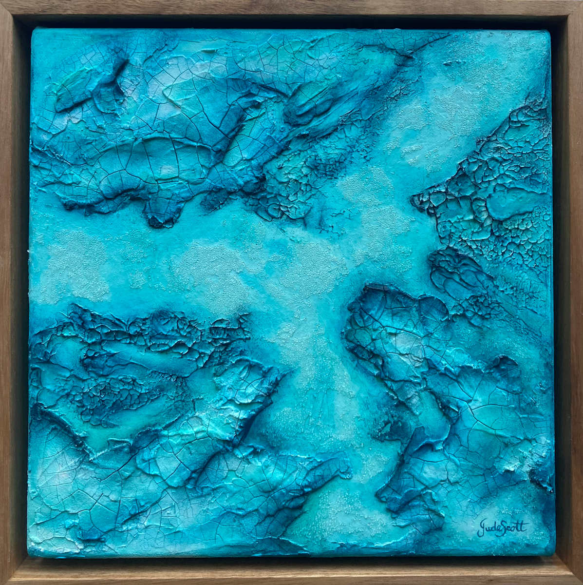 Turquoise Shores by Jude Scott  Image: Colours, textures and shapes of coastal environments really inspire my artwork creations. In this piece, I used a limited colour palette of different shades of turquoise, aqua and indigo to accentuate my abstracted interpretation of land and sea from an aerial perspective. 