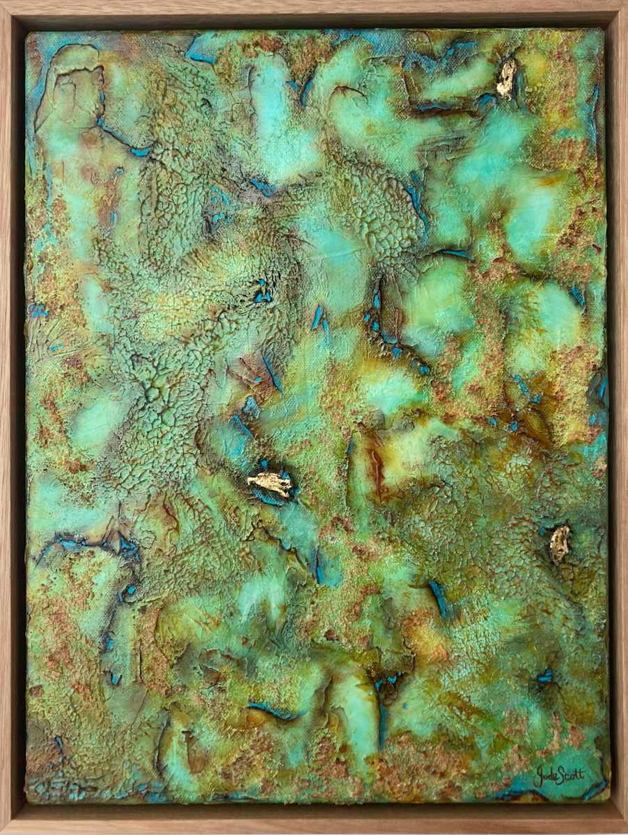 Aqua Green  & Gold by Jude Scott  Image: Coastal environments of sand, sea & rock formations inspired this abstract artwork. I love working with these colours and this tactile piece  rich in texture, is layered with varied mixed media and acrylic paint.