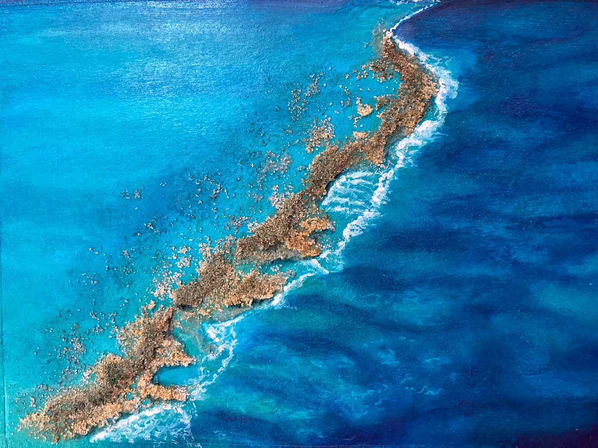 Sandbanks by Jude Scott  Image: My impression of an aerial view of where the deep blue ocean is divided from the turquoise shallows by a large sandbank.  Donated to Incognito Art Show  where profits from the 2025 sale will go toward funding programs at Studio A in Sydney  and The  Art Factory in Wagga Wagga. Both support artists with intellectual disability in professional development pathways.