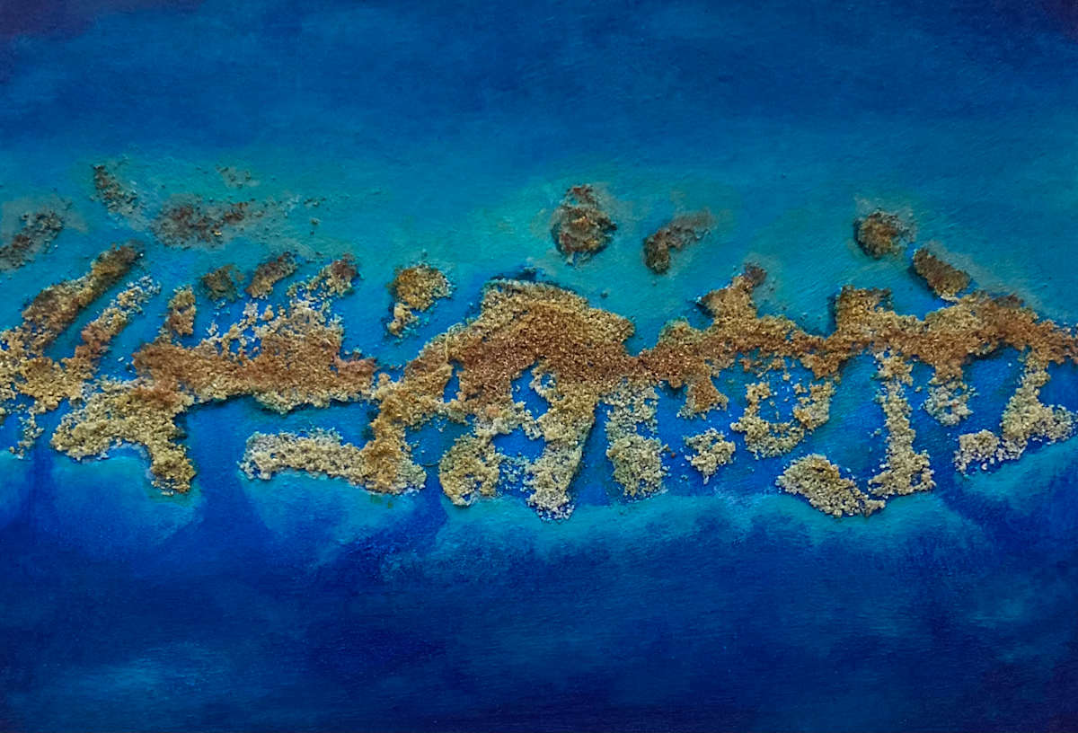 Ocean Inlets from Above by Jude Scott  Image: My impression of an aerial view of where the deep blue ocean is divided from the turquoise shallows by a large sandbank. Donated to Incognito Art Show where profits from the 2025 sale will go toward funding programs at Studio A in Sydney and The Art Factory in Wagga Wagga.  Both support artists with intellectual disability in professional development pathways.