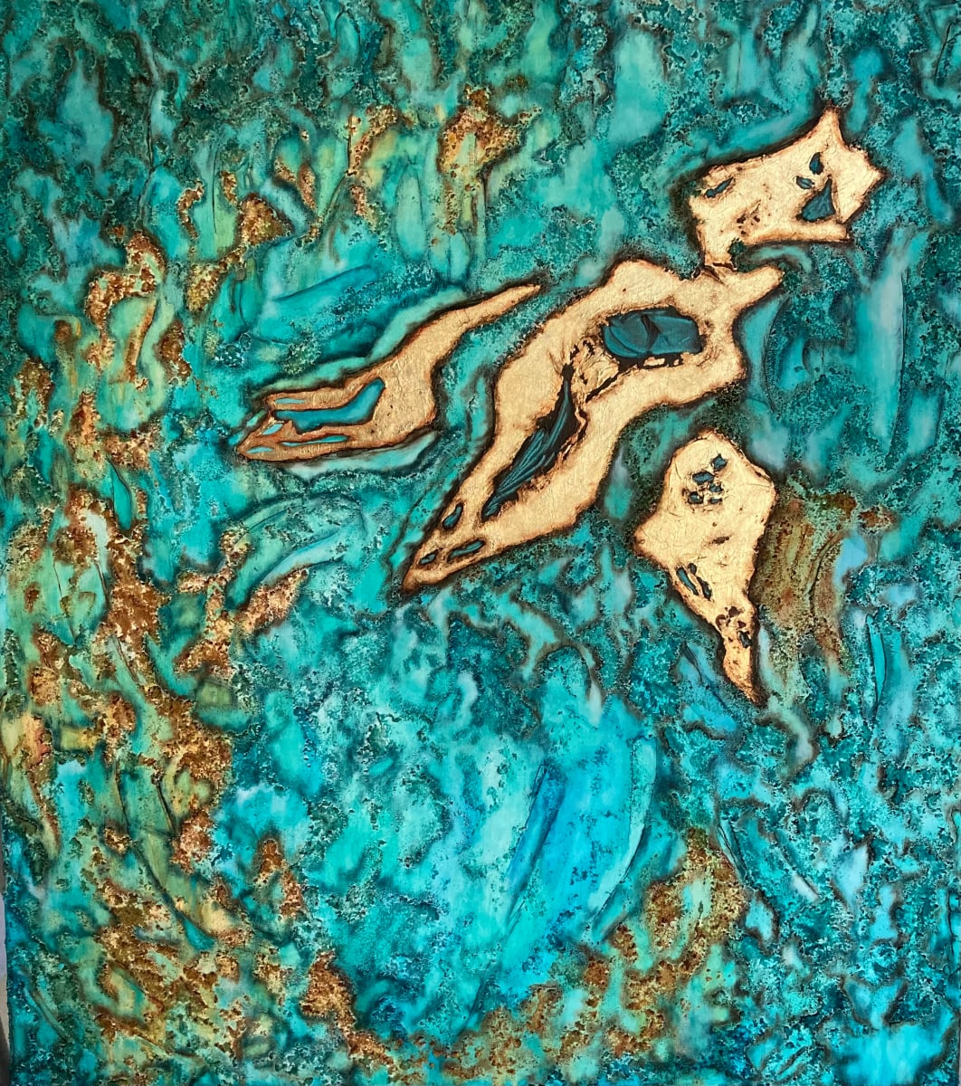 'Reef Dream' - Commissioned Painting by Jude Scott  Image: Commission Piece -Abstract with an aerial perspective inspired by the beautiful turquoise waters and stunning reefs in Australia. The client gave me full artistic license to create this piece after seeing a smaller rendition which they loved but wanted to go bigger.

