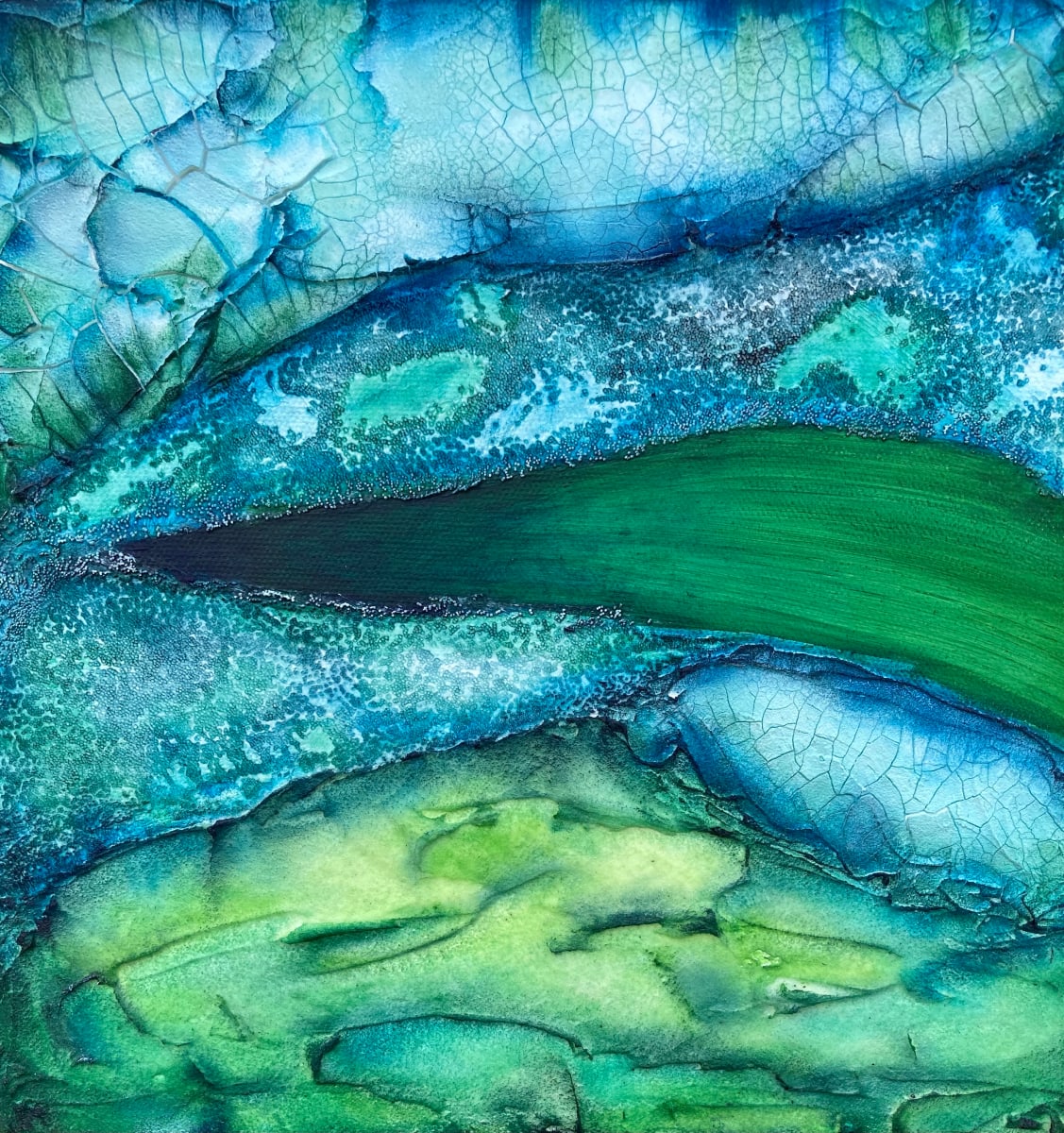 Petite Phiz by Jude Scott  Image: Decorative mixed media painting including glass beads. Donated to Art for Floods 2022. Acquired by Private Collector, proceeds to Norpa Theater Company via Art for Floods Appeal.