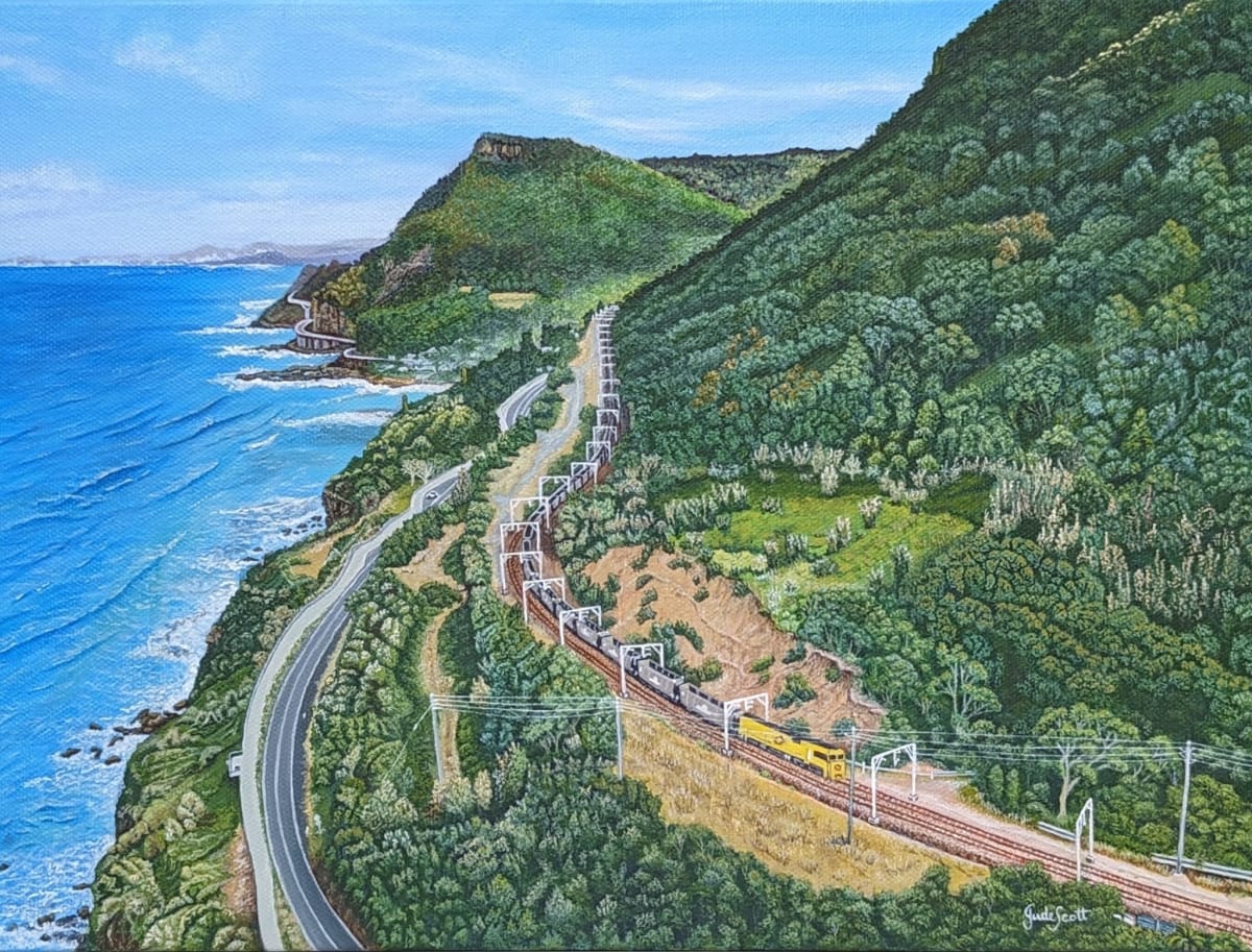 Commissioned Painting - 'Empty run to Metrop, South Coast Line' by Jude Scott  Image: Painting commissioned by Aurizon - Australia's largest rail freight operator - depicting Illawarra DP Consist, empty run to Metrop Colliery c. 2020, for presentation to Sam McSkimming. Painting created from an image supplied by the client. Australian oak float frame.