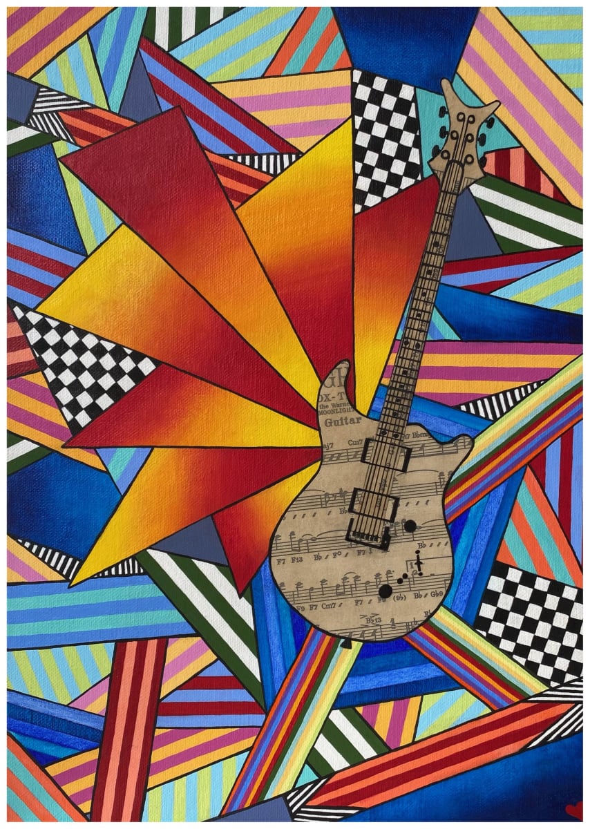 OC Guitar by Jude Scott  Image: Learning the guitar from Primary school age, I couldn't leave this instrument out of the collection. Emotional connection is such a motivating and driving force in creating art. Vintage sheet music for guitar was collaged onto this piece.