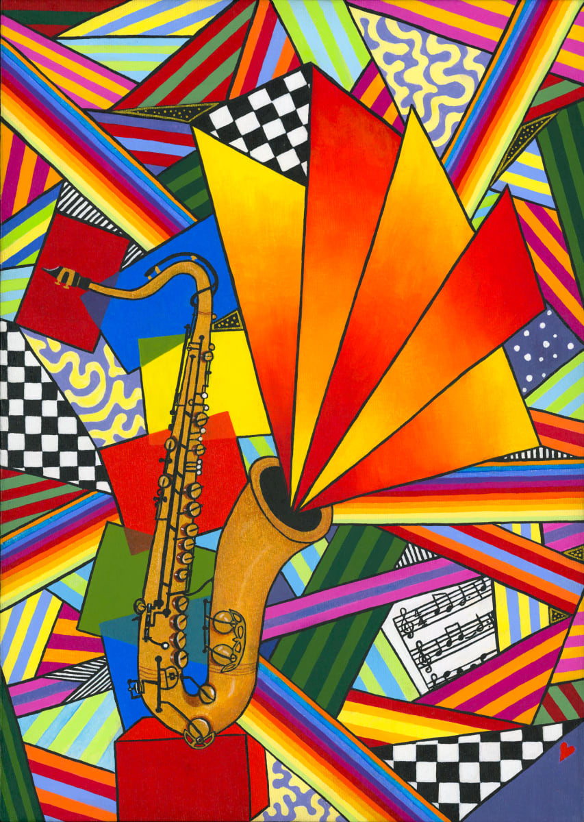 Organised Chaos with Sax - Giclée Print from an Original Work by Jude Scott  Image: Fine Art Giclée Print from the original bright & bold piece created in August/September 2020. Inspiration for the original artwork came from my love of colour & pattern, incorporating the family Dearman Tenor Saxophone. The sax stands in front of some stacked boxes in primary and secondary colours as I wanted it to stand out and not clash with all the pattern.  10 x 14 inches