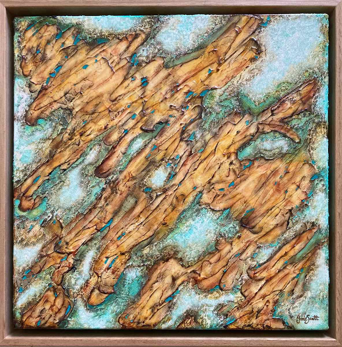 Rock Pools 1 by Jude Scott  Image: An ocean inspired abstract painting, intuitively created from childhood memories of playing in rock pools and my interpretation of an aerial view.  A decorative textured mixed media piece, in an Australian Oak float frame.