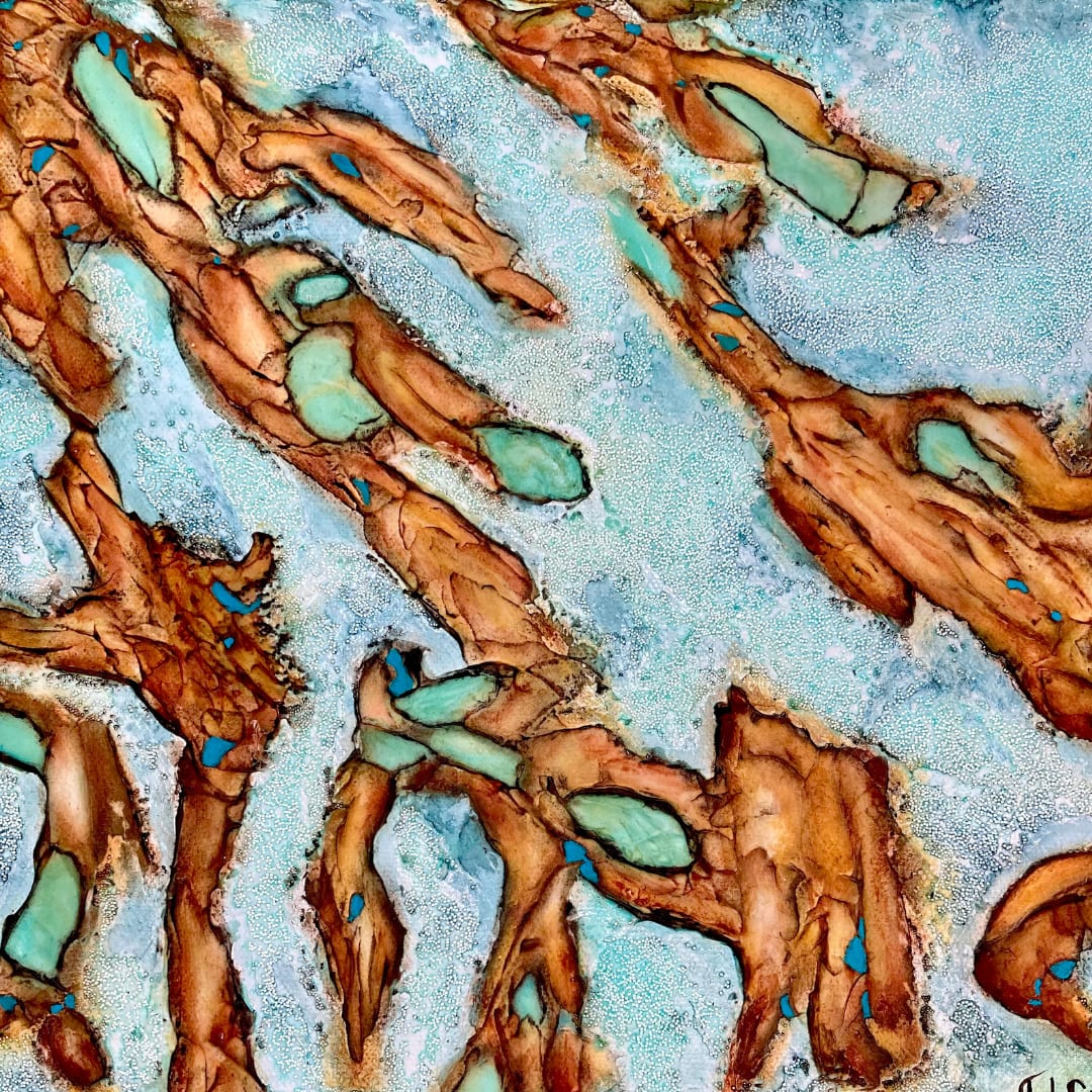 Rock Pools 3 by Jude Scott  Image: Inspired by memories of my childhood playing in rock pools, this is an intuitive, textured piece using colours of the ocean and sandstone rocks, prevalent along the Australian coast. Professionally framed in Australian Victorian Ash Float Frame.